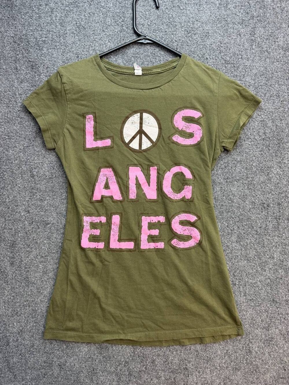 Y2K Alstyle Juniors L Los Angeles Peace Graphic T Shirt Olive Runs Small